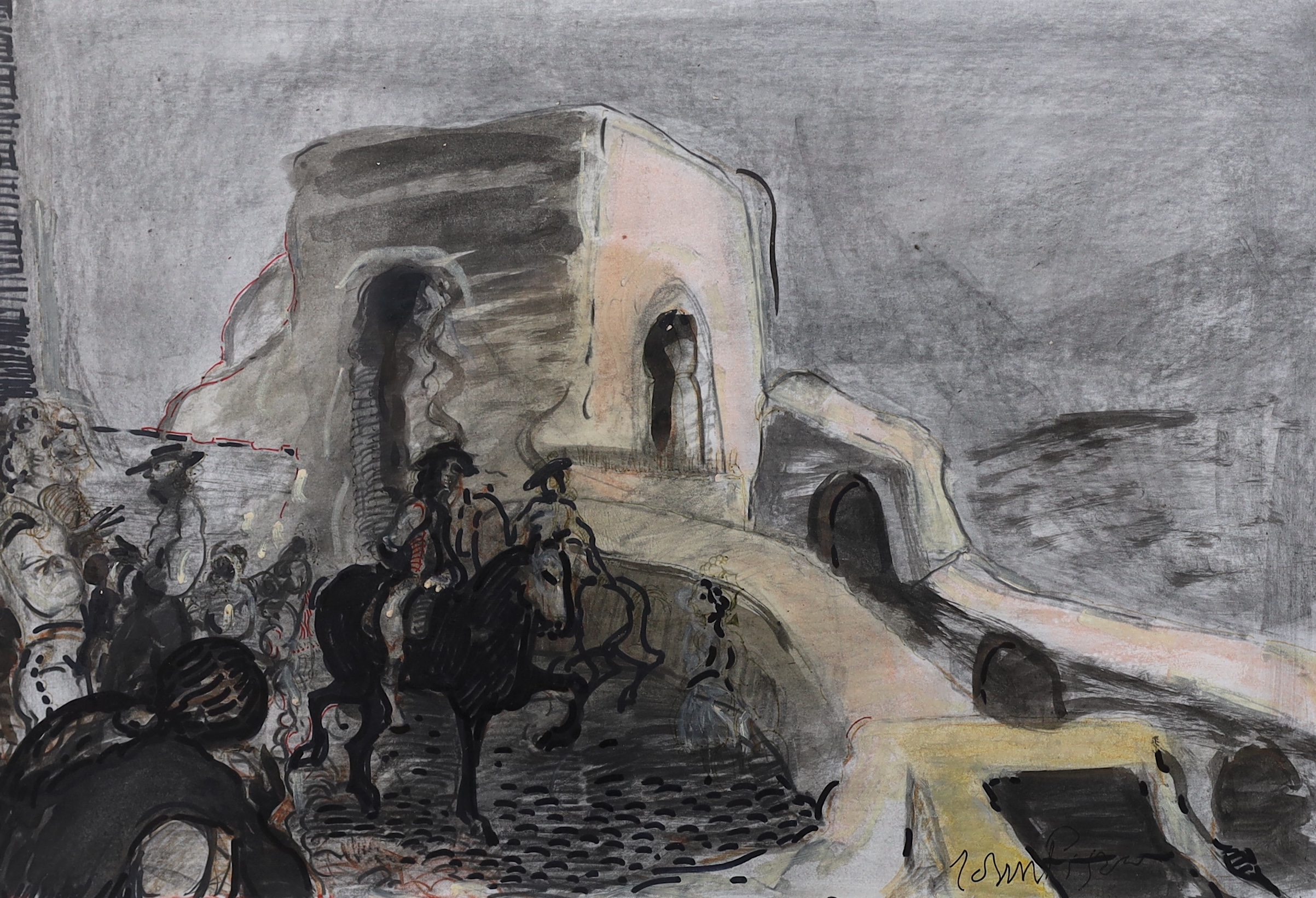 John Piper (British, 1903-1992), Horses and riders in Southern Spain, c.1950, ink, watercolour and pencil, 35 x 51cm